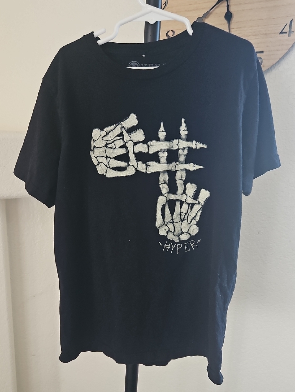 Black Graphic Skeleton Hand Tee - "HYPER" Boys 14/16